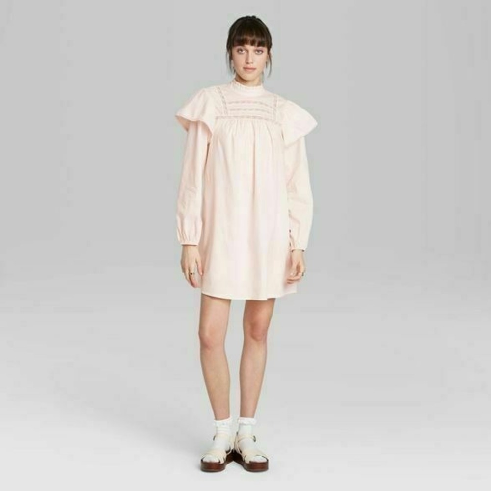 Wild Fable Poplin Dress Sz Small Light Peach Long Sleeve High Neck Lined New